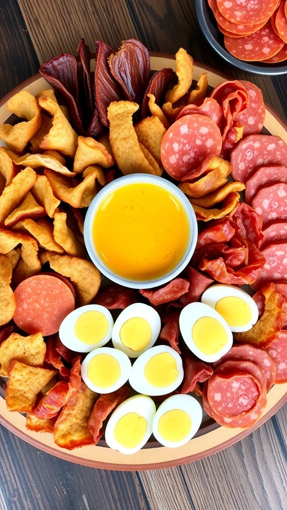 A wooden platter filled with various carnivore snacks including pork rinds, beef jerky, hard-boiled eggs, and cured meats.